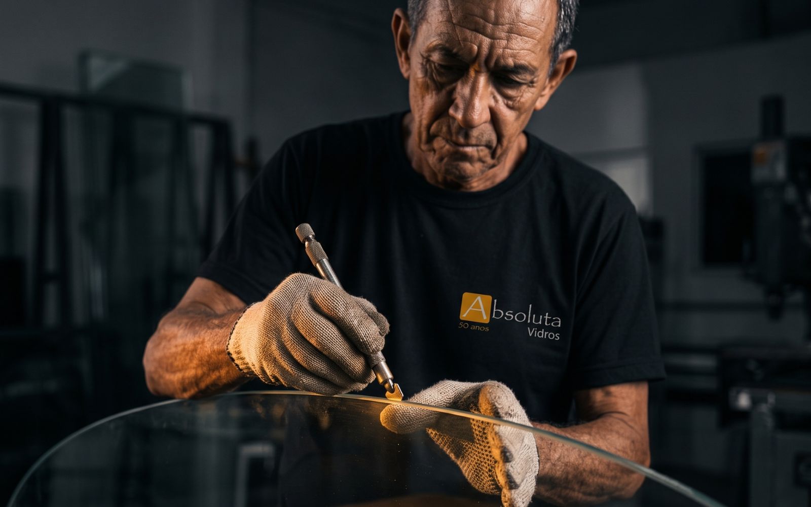 Profissional da Absoluta Vidros trabalhando com vidro na oficina